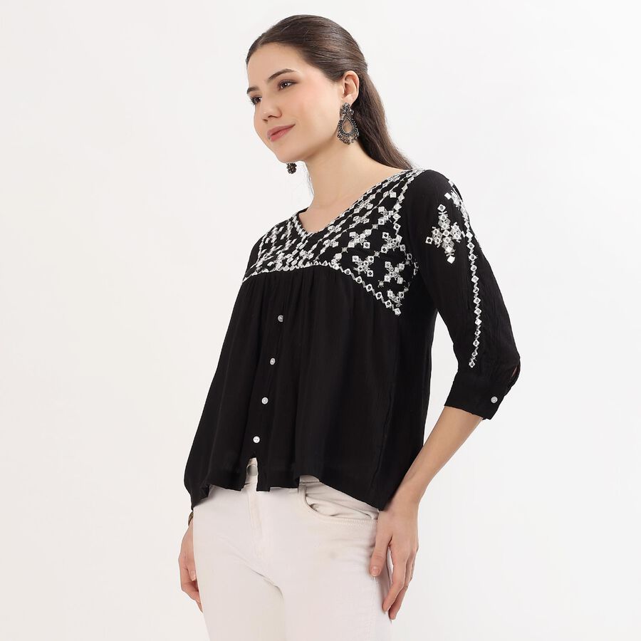 Women's Jet Black V-Neck Embroidered Kurti, काला, large