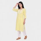 Women's Yellow Round Neck Embroidered Kurta, Yellow, small