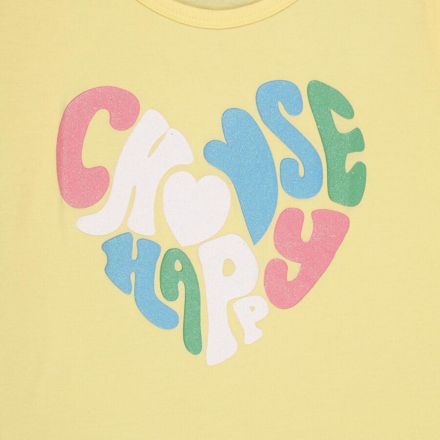 Girls Bright Yellow Cotton Round Neck Casual Top, पीला, large image number null