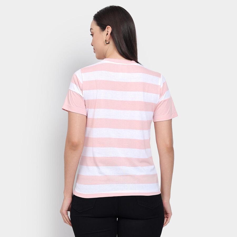 Ladies'  Stripes Round Neck T-Shirt, गुलाबी, large