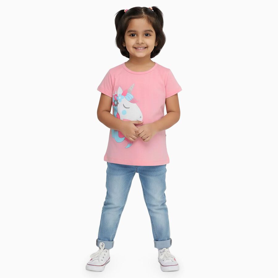 Girls' Pink Cotton Round Neck Casual T-Shirt, गुलाबी, large