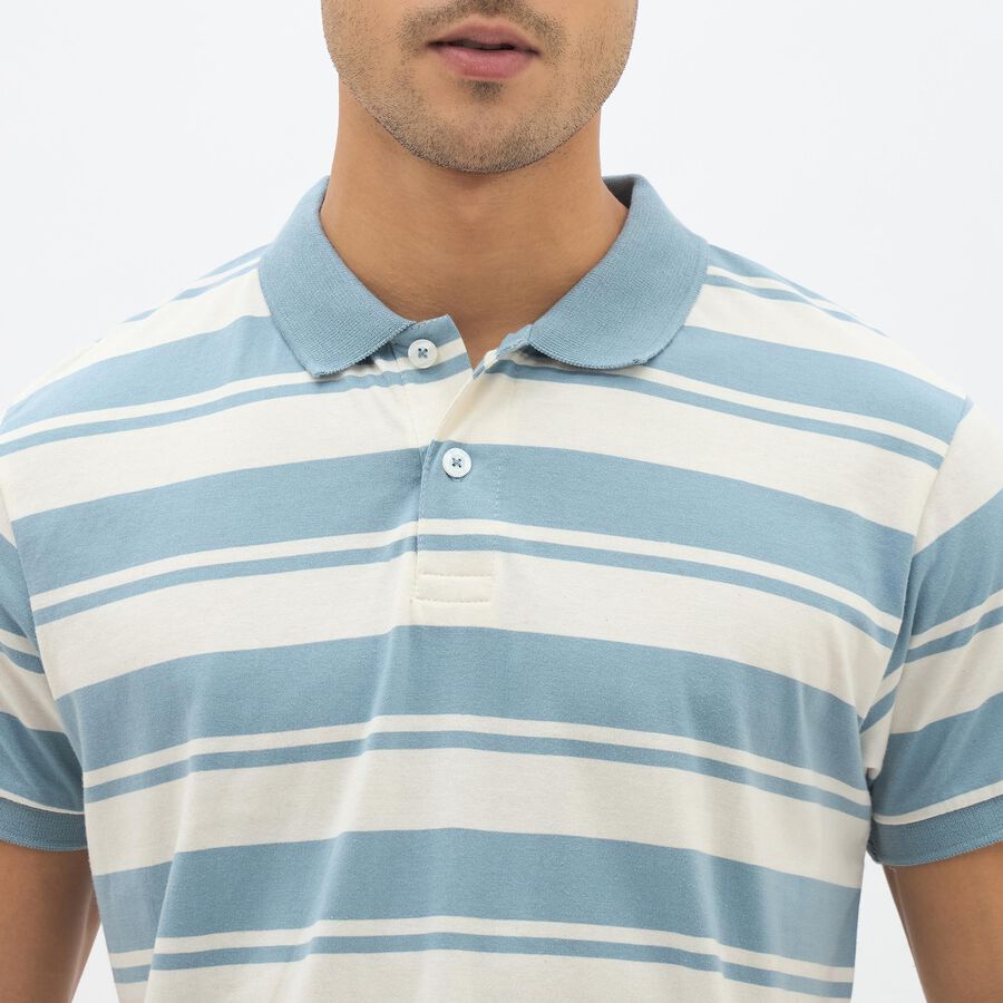 Men's Light Steel Blue Polo Neck Striped T-Shirt, मध्यम नीला, large image number null