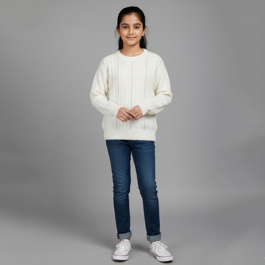 Girls Off White Crew Neck Casual Pullover, Off White, large image number null