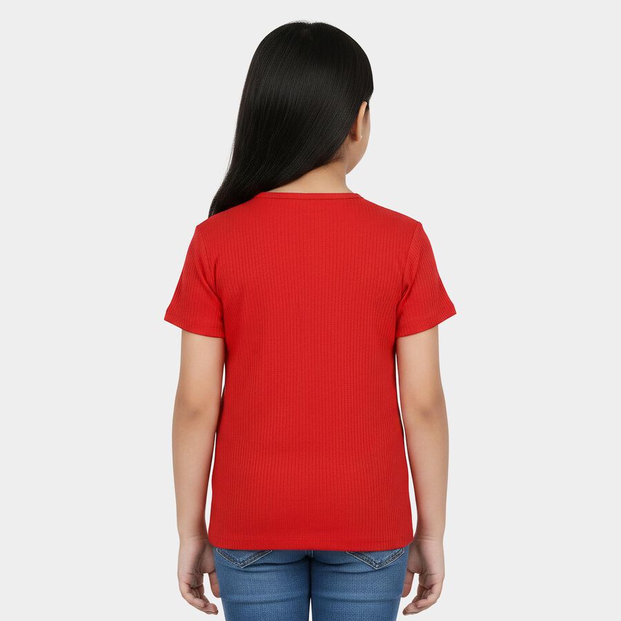 Girls' Red Round Neck Regular T-Shirt, लाल, large
