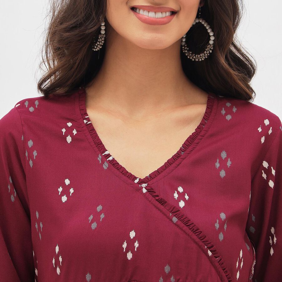 Women's Deep Burgundy V-Neck Printed Kurta, Wine, large image number null