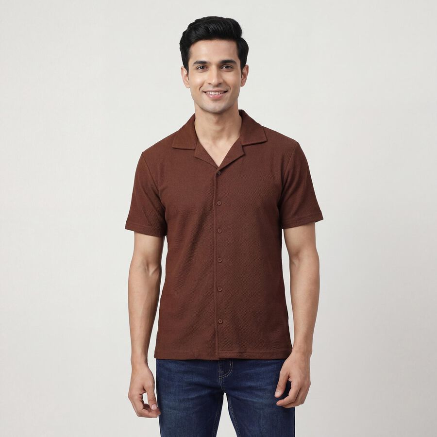Men's Brown Spread Collar Casual Shirt, Brown, large