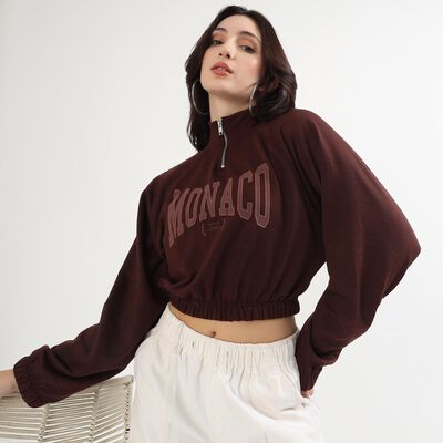 Women's Deep Brown High Neck Casual Sweatshirt