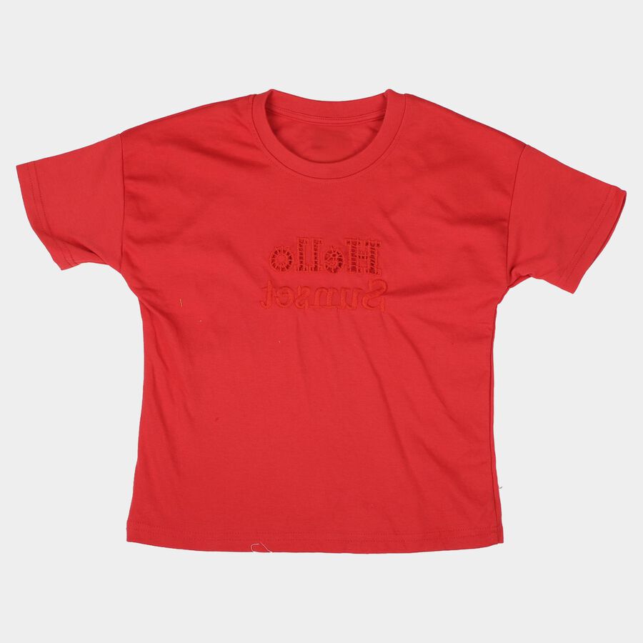 Girls Red Round Neck Casual T-Shirt, Red, large