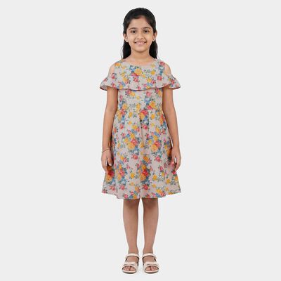 Girls' Off White Cotton Blend Casual Frock