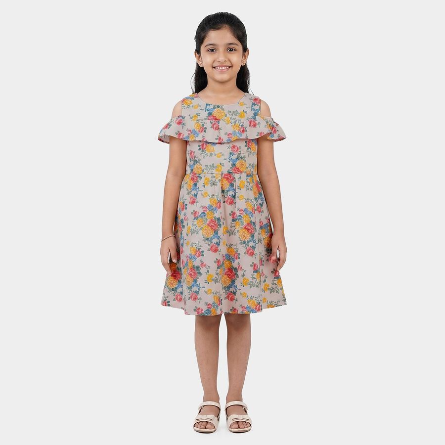 Girls' Off White Cotton Blend Casual Frock, ऑफ व्हाइट, large