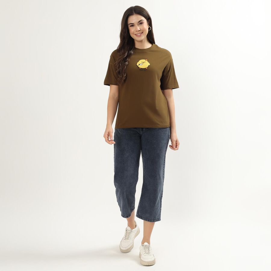 Women's Muted Olive Green Cotton Round Neck Casual T-Shirt, ओलिव, large