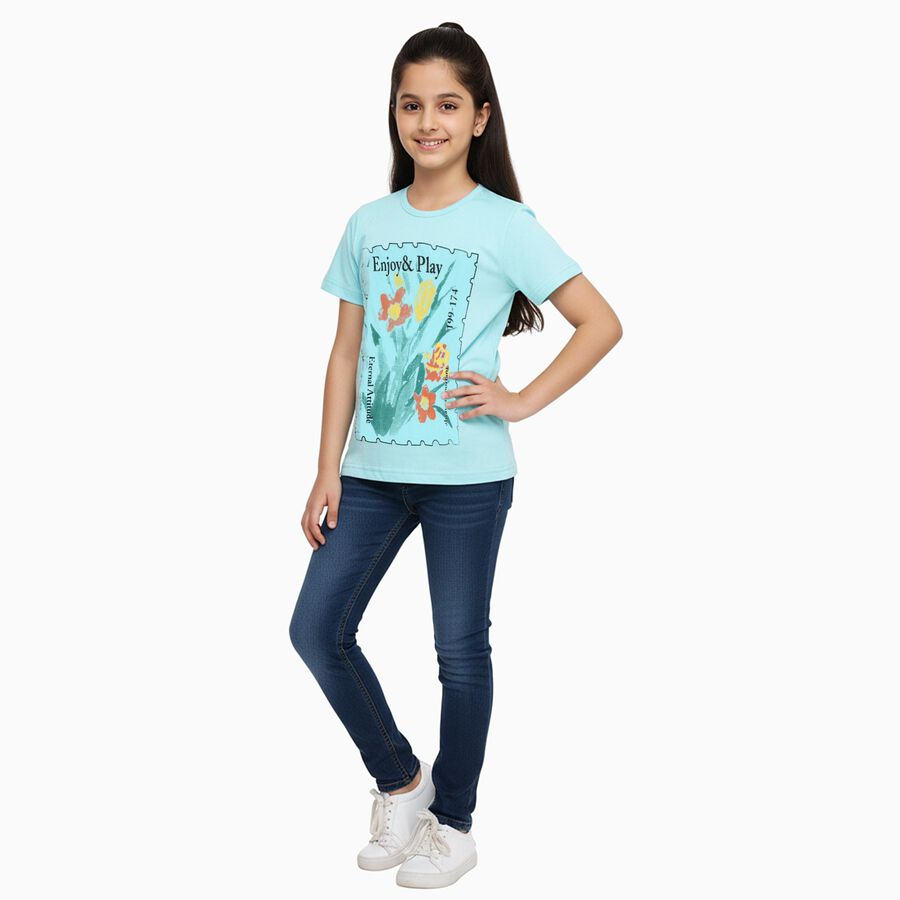 Girls Bright Aqua Blue Round Neck Casual T-Shirt, एक्वा, large image number null