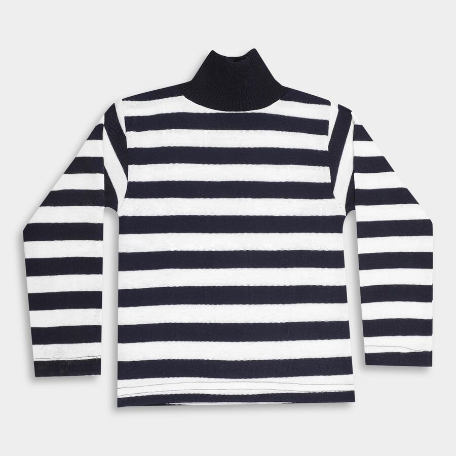 Boys Deep Midnight Navy Blue High Neck Striped Pullover, नेवी ब्लू, large image number null