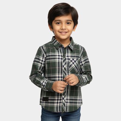 Boys' Dark Forest Green Cotton Full Sleeve Classic Collar Casual Shirt
