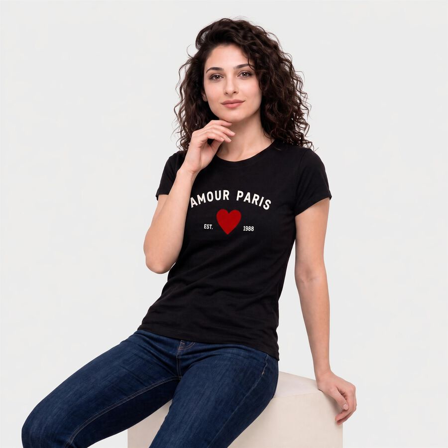 Women Black Round Neck Regular T-Shirt, Black, large
