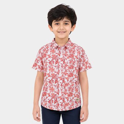 Boys' Red Cotton Short Sleeves Spread Collar Regular Fit Shirt