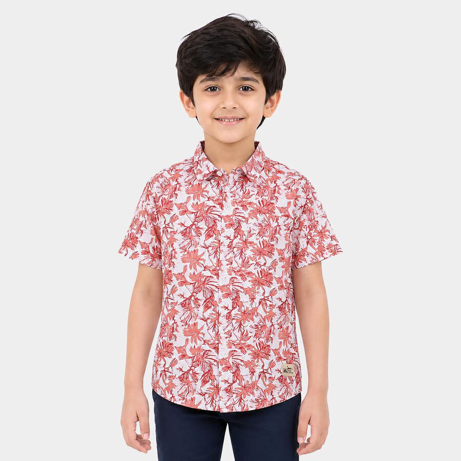 Boys' Red Cotton Short Sleeves Spread Collar Regular Fit Shirt, Red, large