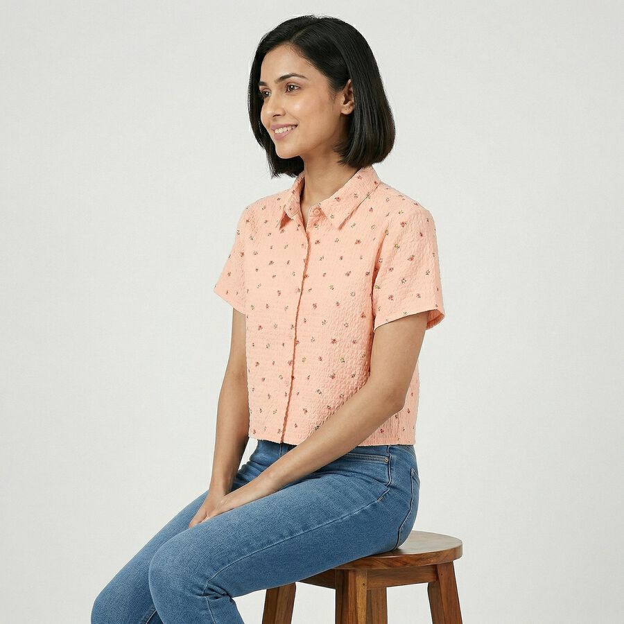 Women's Light Pink Half Sleeve Spread Collar Casual Shirt, Light Pink, large