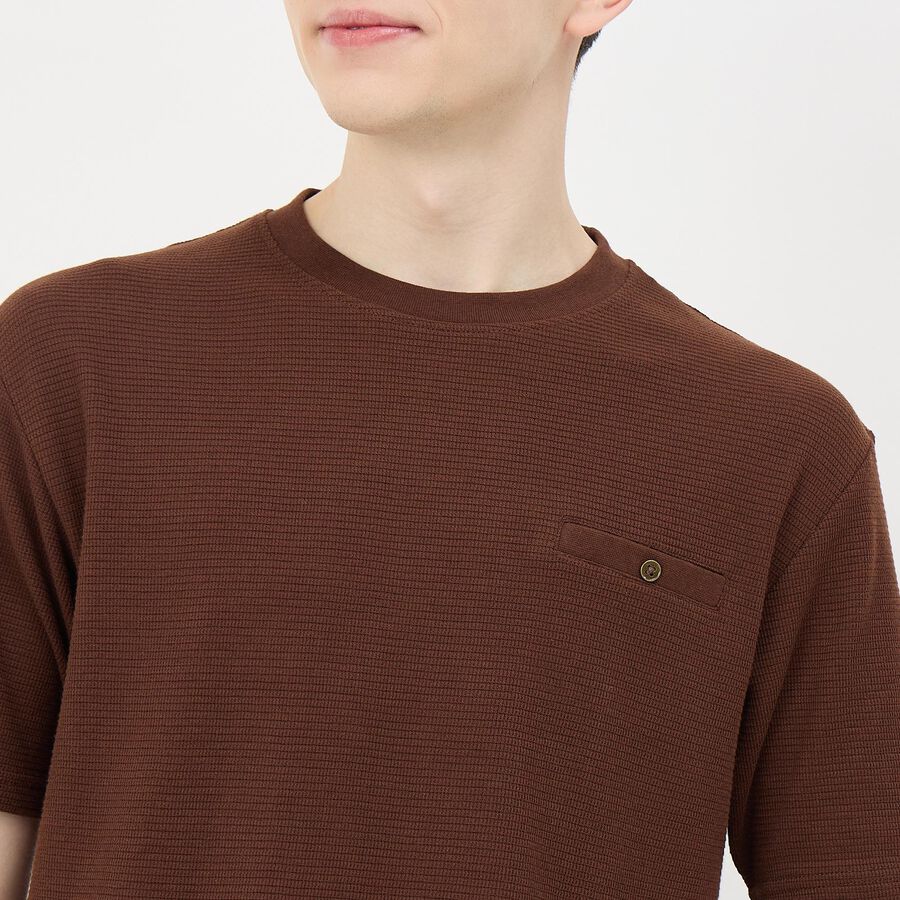 Men's Dark Brown Round Neck Casual T-Shirt, भूरा, large