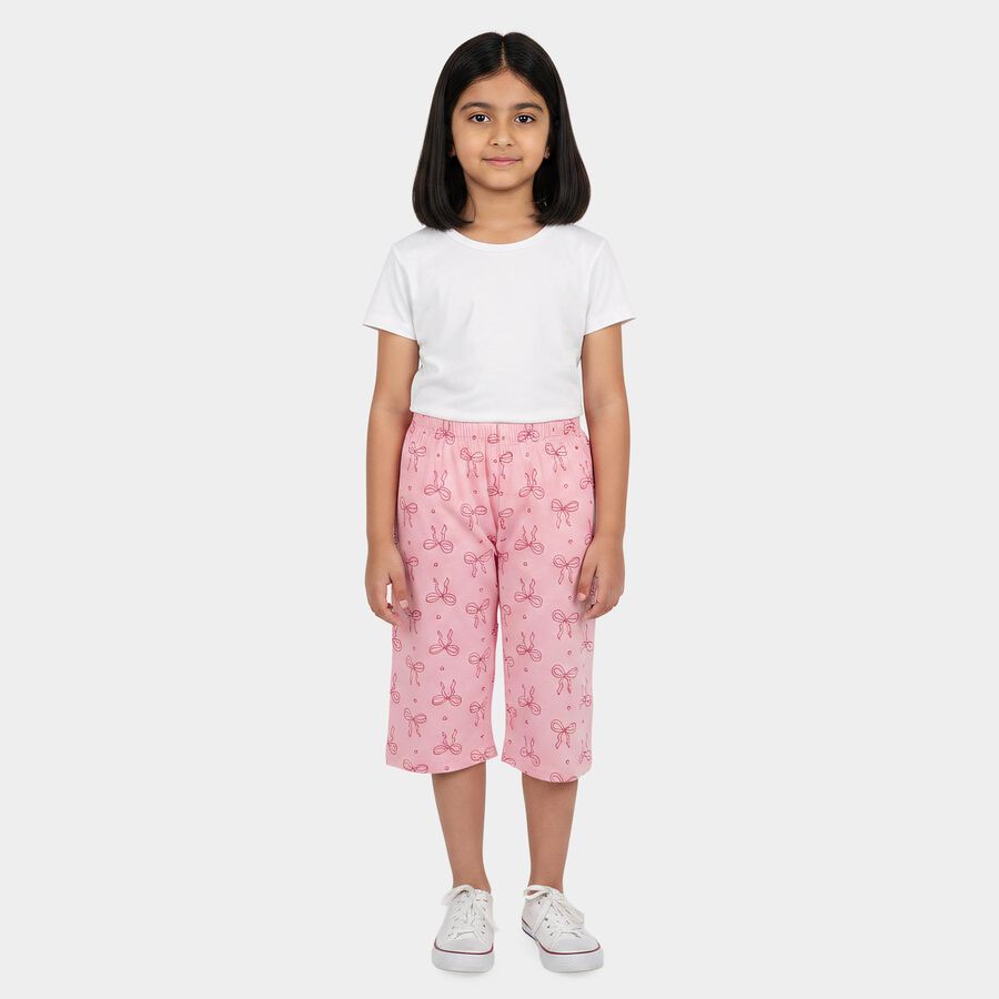 Girls Pink Wide Leg Printed Cotton Capri, गुलाबी, large
