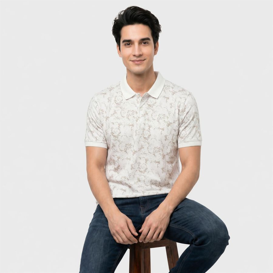 Men's White Polo Neck Abstract Printed Polo T-Shirt, White, large