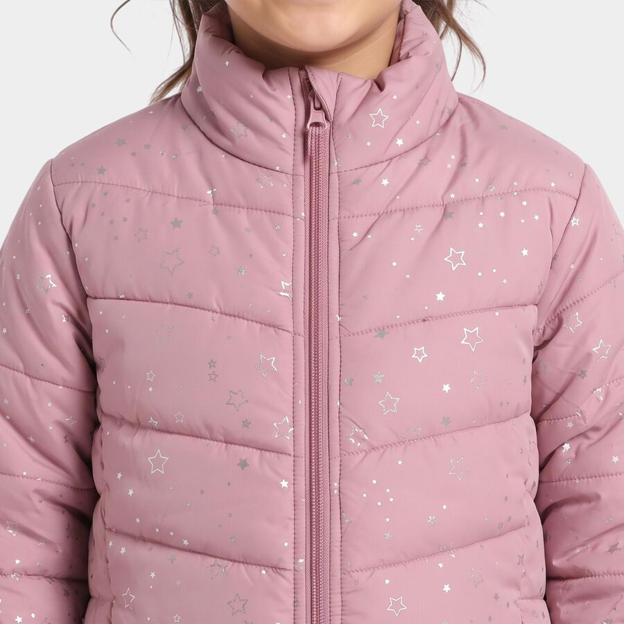 Girls Pink Stand Collar Puffer Jacket, गुलाबी, large