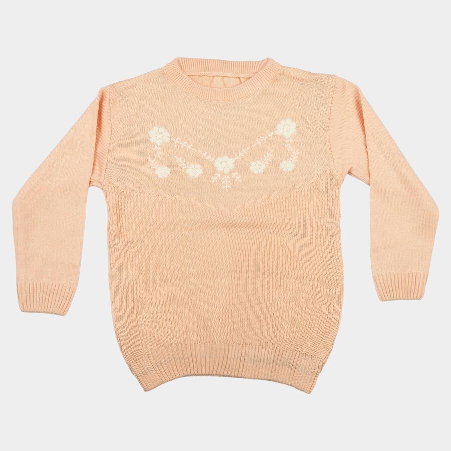 Girls' Light Pink Crew Neck Embroidered Pullover, Light Pink, large