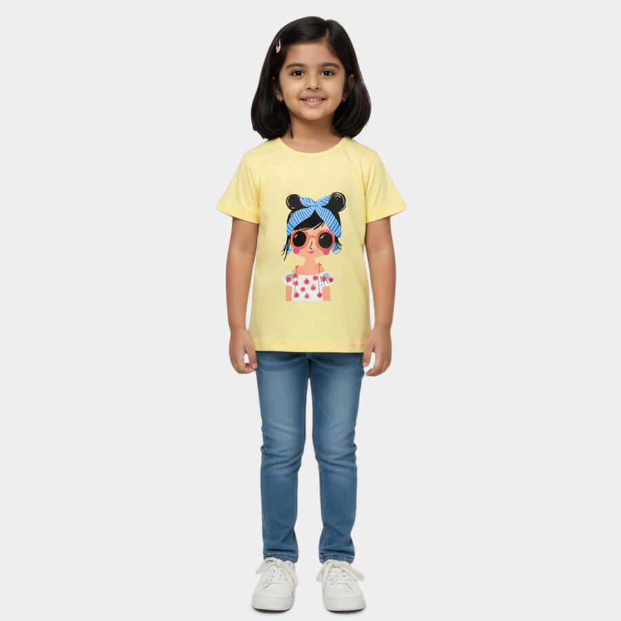 Girls Yellow Cotton Round Neck Casual T-Shirt, पीला, large