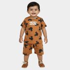 Infants' Brown 100% Cotton Round Neck Mickey Print Baba Suit, Beige, small