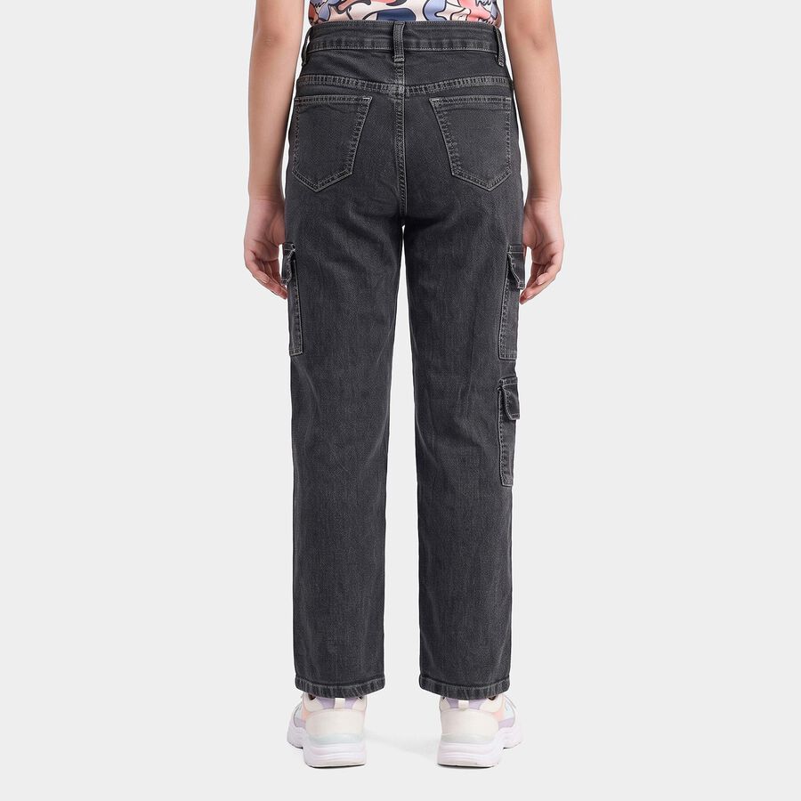 Girls' Black Straight Fit Embellished Cargo Jeans, Black, large