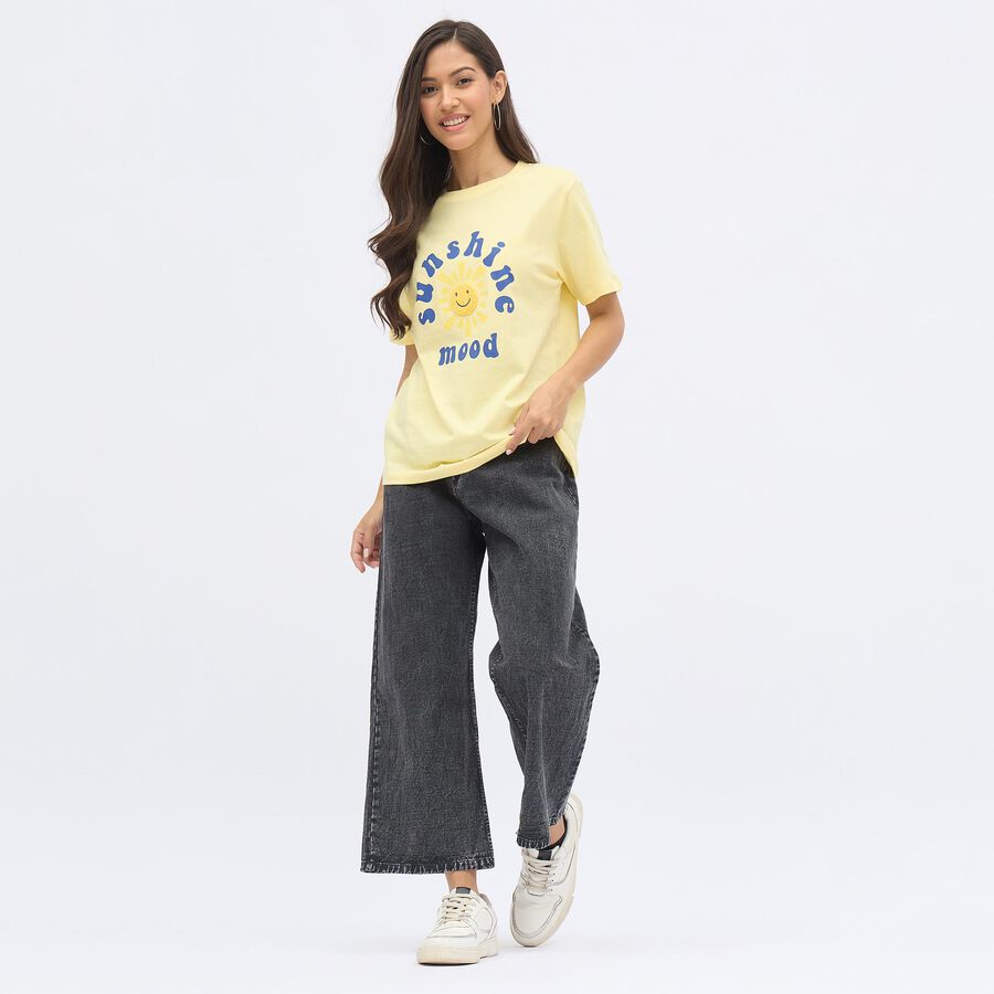Women's Light Yellow Cotton Round Neck Casual T-Shirt, Yellow, large image number null