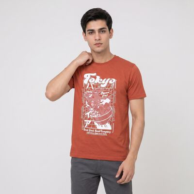 Men's Rust Round Neck Graphic Print Regular T-Shirt