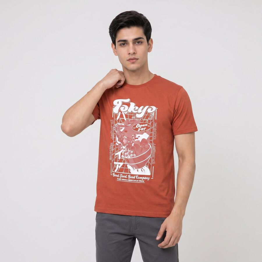 Men's Rust Round Neck Graphic Print Regular T-Shirt, Rust, large