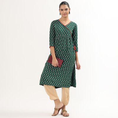 Women's Dark Green Round Neck Printed Kurta