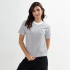 Ladies' Eggshell White Cotton Round Neck Striped T-Shirt, सफ़ेद, small image number null
