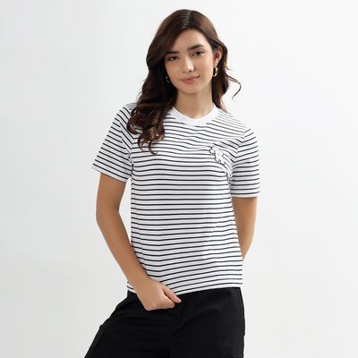 Ladies' Eggshell White Cotton Round Neck Striped T-Shirt
