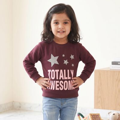 Girls' Maroon Round Neck Pullover Sweatshirt
