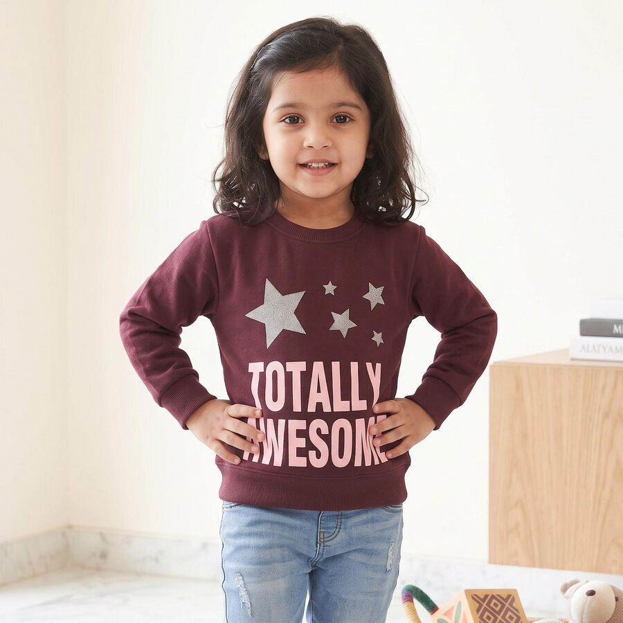 Girls' Maroon Round Neck Pullover Sweatshirt, वाइन, large