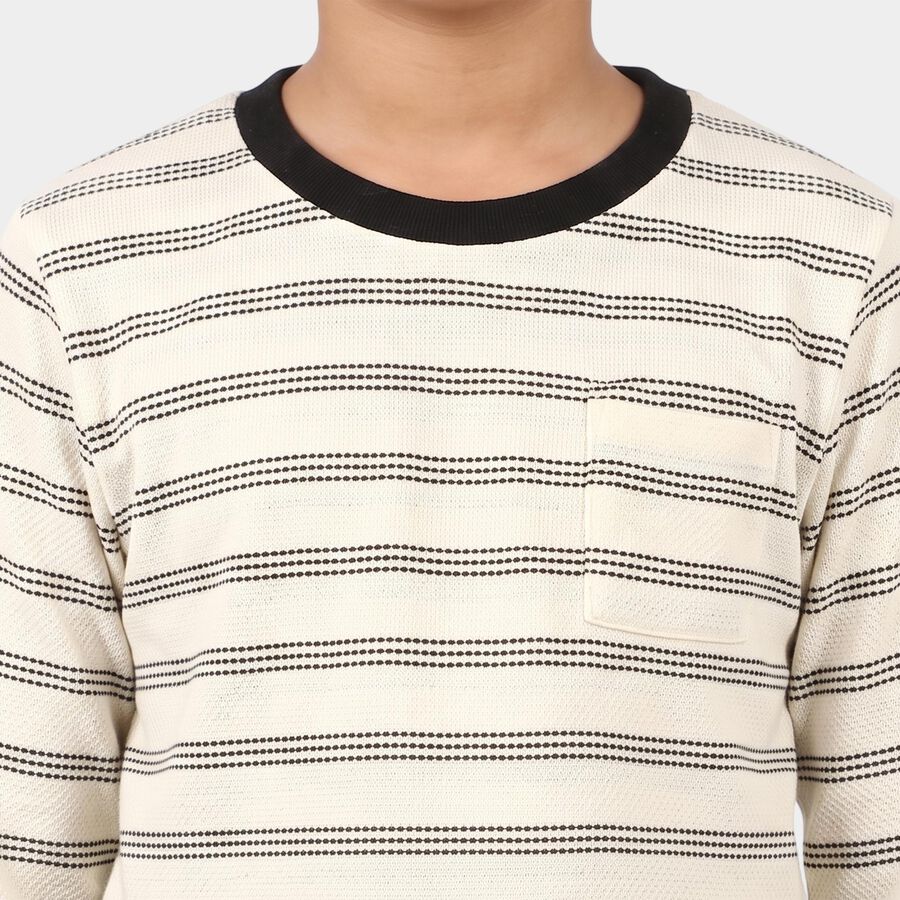 Boys' Off White Round Neck Striped Regular T-Shirt, Off White, large