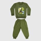 Boys' Olive Round Neck Graphic Baba Suit, ओलिव, small image number null