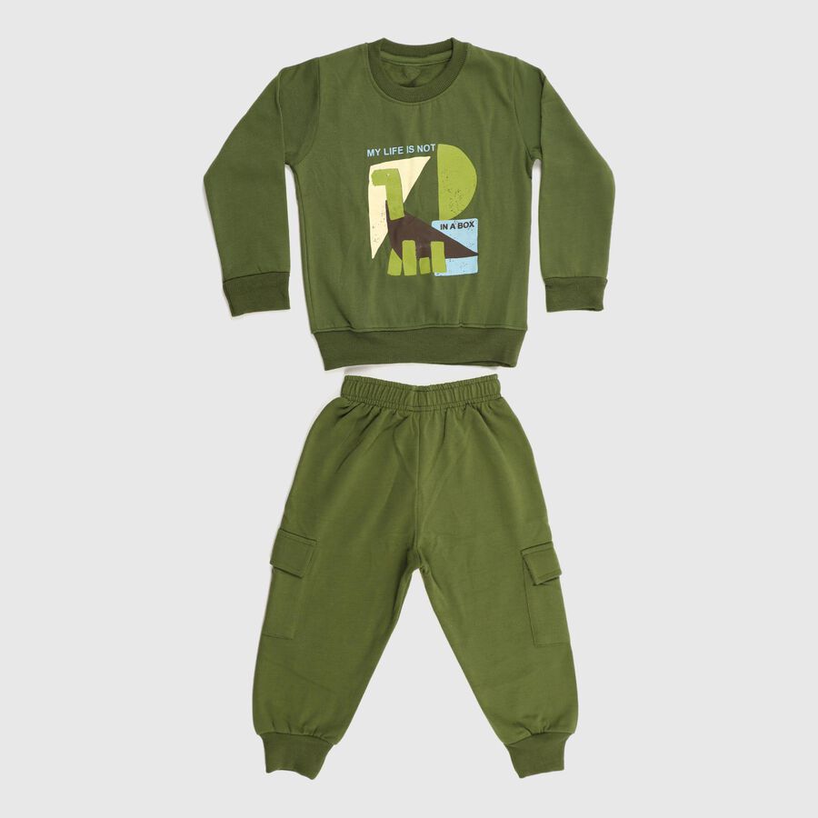 Boys' Olive Round Neck Graphic Baba Suit, ओलिव, large image number null
