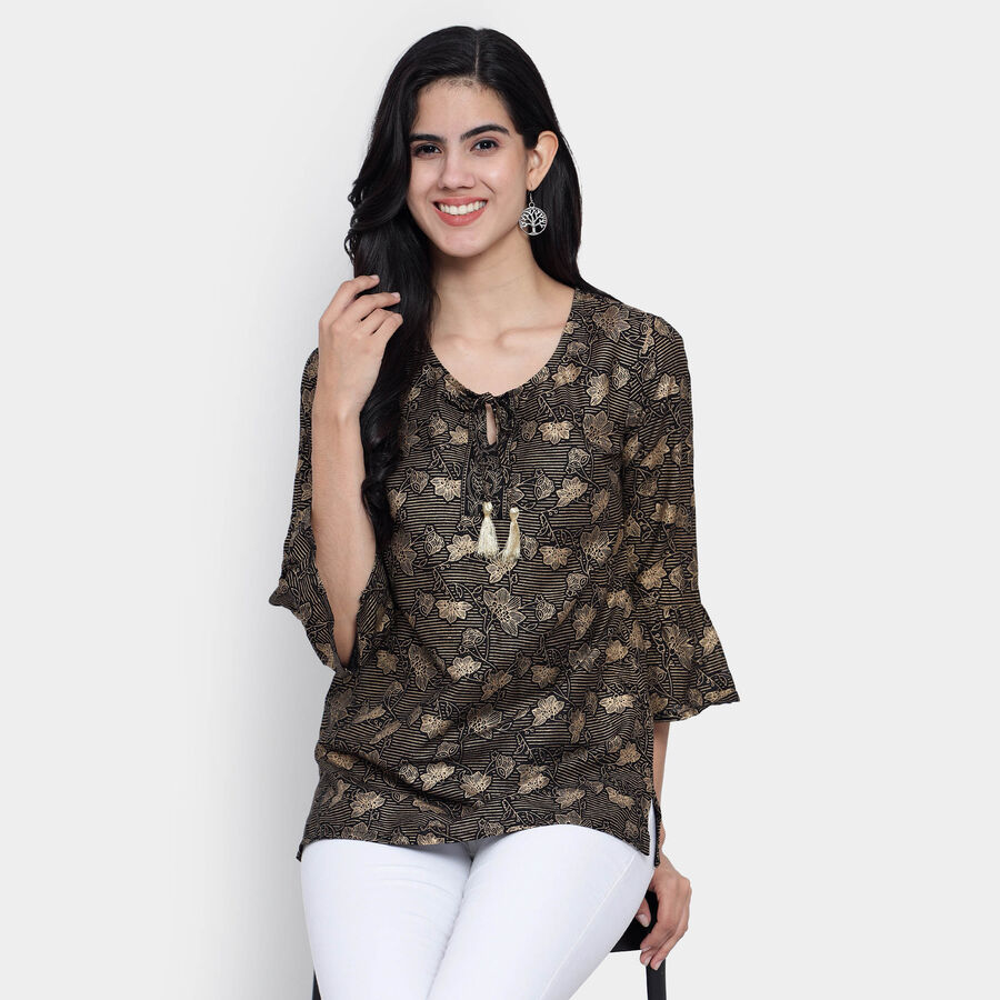 All Over Print 3/4th Sleeves Straight Kurti, Black, large image number null