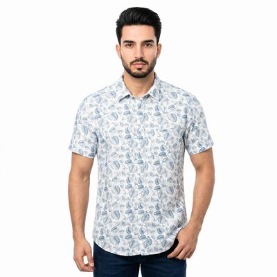 Men's Light Blue Cotton Short Sleeves Spread Collar Regular Fit Shirt