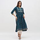 Women's Deep Teal Blue Round Neck Embroidered Kurta, टील ब्लू, small image number null