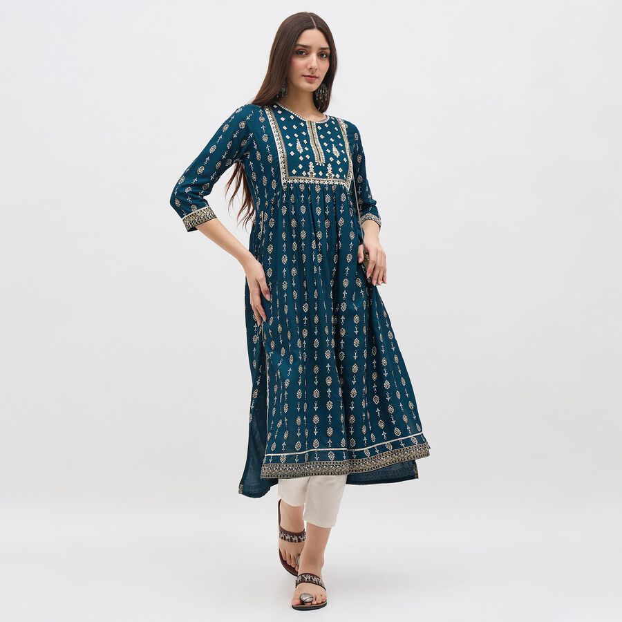Women's Deep Teal Blue Round Neck Embroidered Kurta, टील ब्लू, large image number null