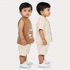Infants' Beige 100% Cotton Camp Collar Striped Baba Suit, Beige, small