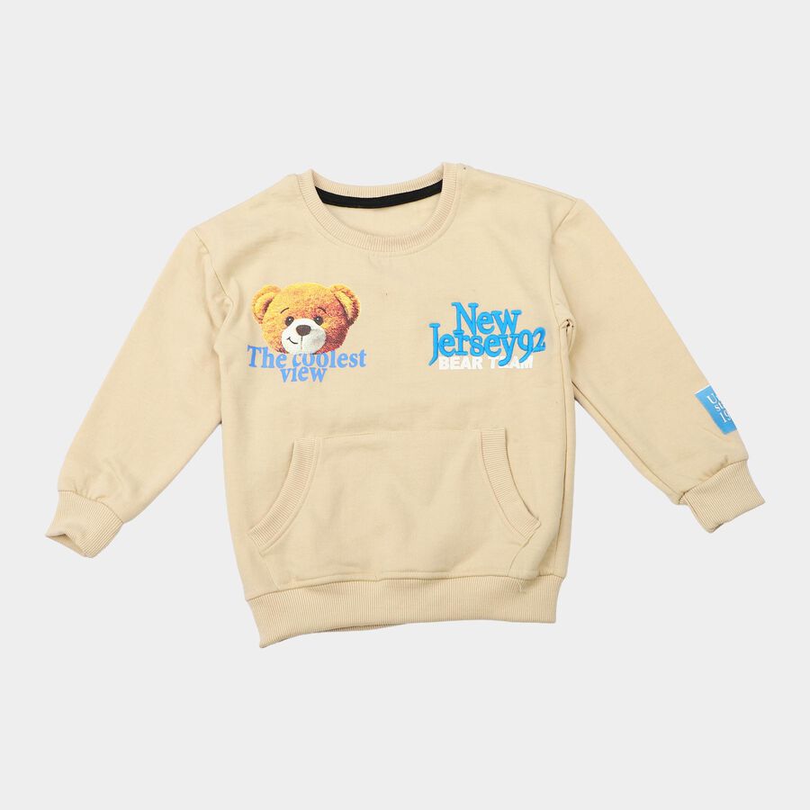 Boys' Beige Round Neck Graphic Pullover Sweatshirt, गहरा पीला, large