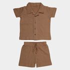 Infants' Brown 100% Cotton Collar Neck Textured Baba Suit, Brown, small