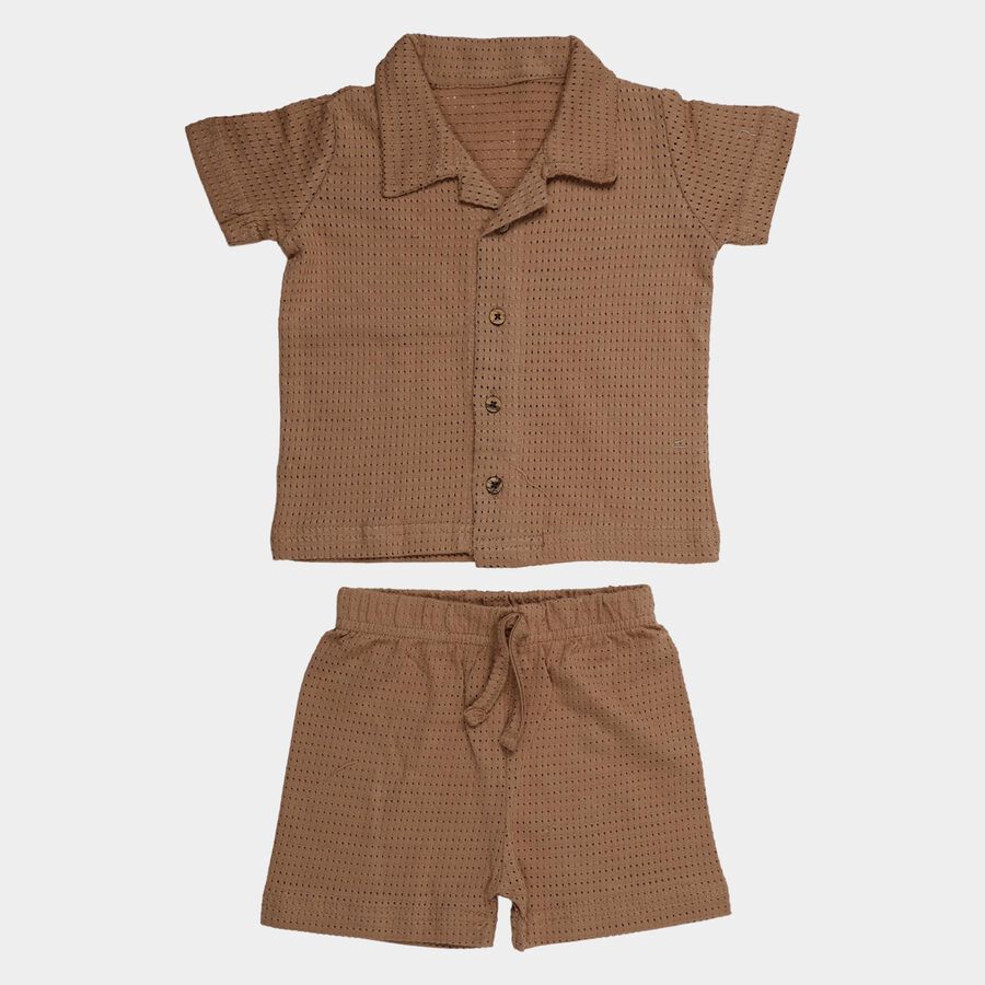 Infants' Brown 100% Cotton Collar Neck Textured Baba Suit, Brown, large