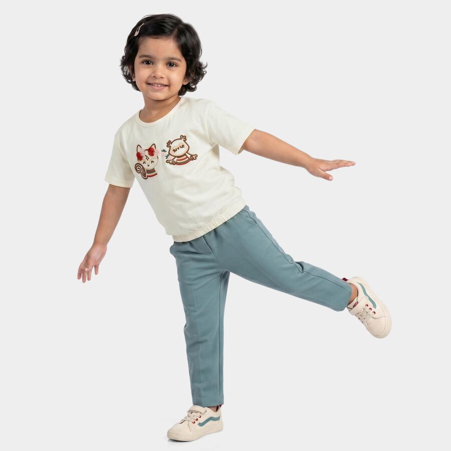 Girls' Off White Cotton Round Neck Regular T-Shirt, Off White, large